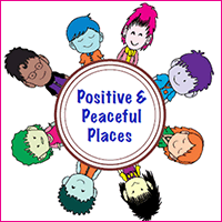 Positive and peaceful places - our anti-bullying charter Group of cartoon children in a circle round the text positive and peaceful places
